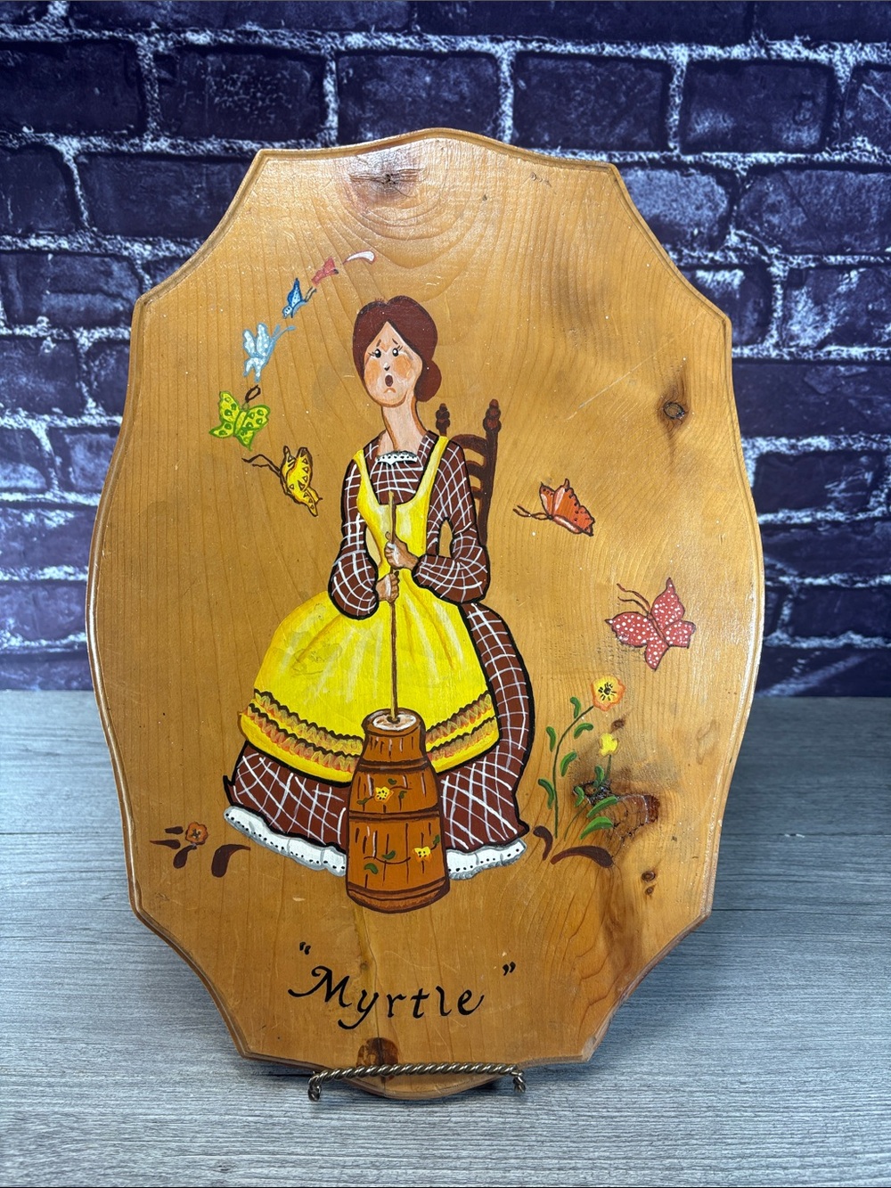 Vintage Hand-Painted 'Myrtle' Wooden Wall Plaque